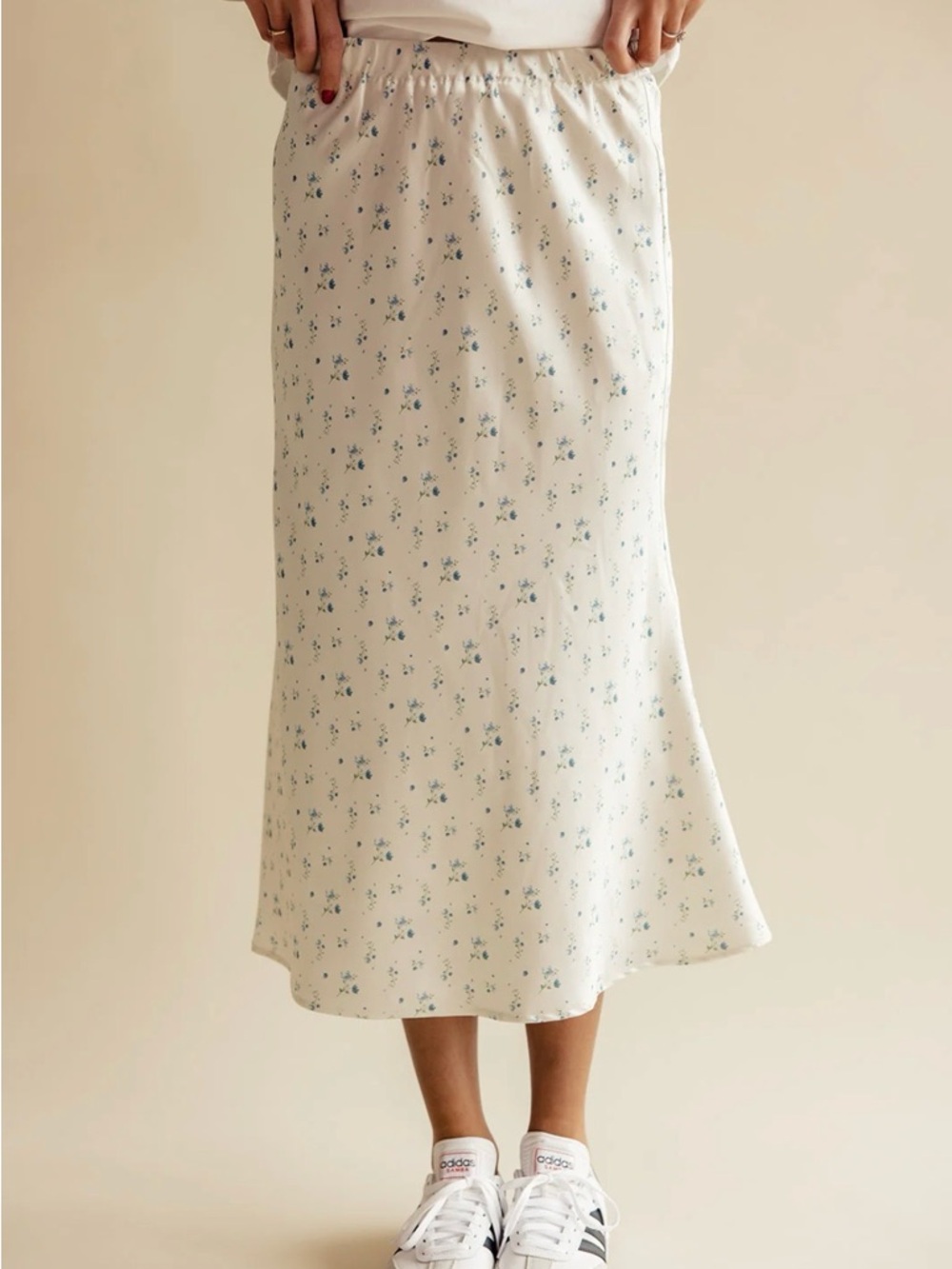 NWOT Roolee Cream Midi Skirt with Blue Floral Print